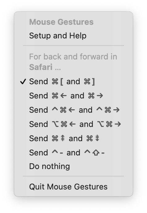 The Mouse Gestures menu, with Safari frontmost