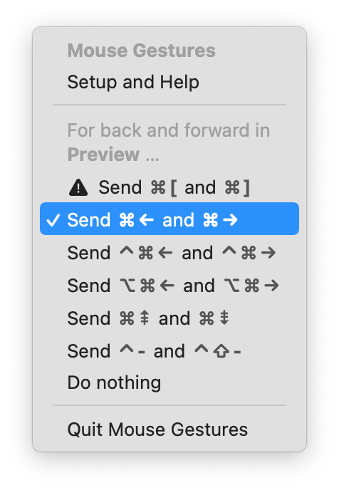The Mouse Gestures menu, with an alternative shortcut selected for Preview